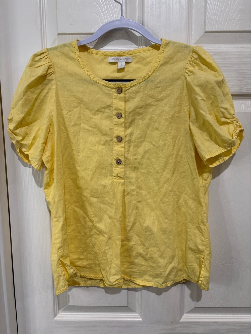 Chelsea & Violet Linen/Cotton Sunny Yellow Button Henley Puff Sleeve Top
